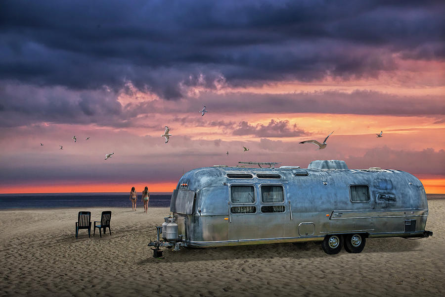 Airstream Trailer on the Beach at Sunset Photograph by Randall Nyhof