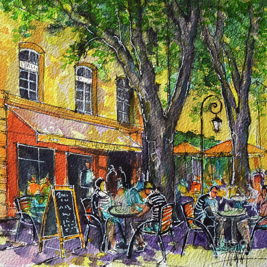 Impressionism Painting - AIX-EN-PROVENCE CAFE watercolor painting Mona Edulesco by Mona Edulesco