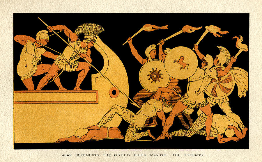 Ajax defending the Greek ships against the Trojans Drawing by Whitemay