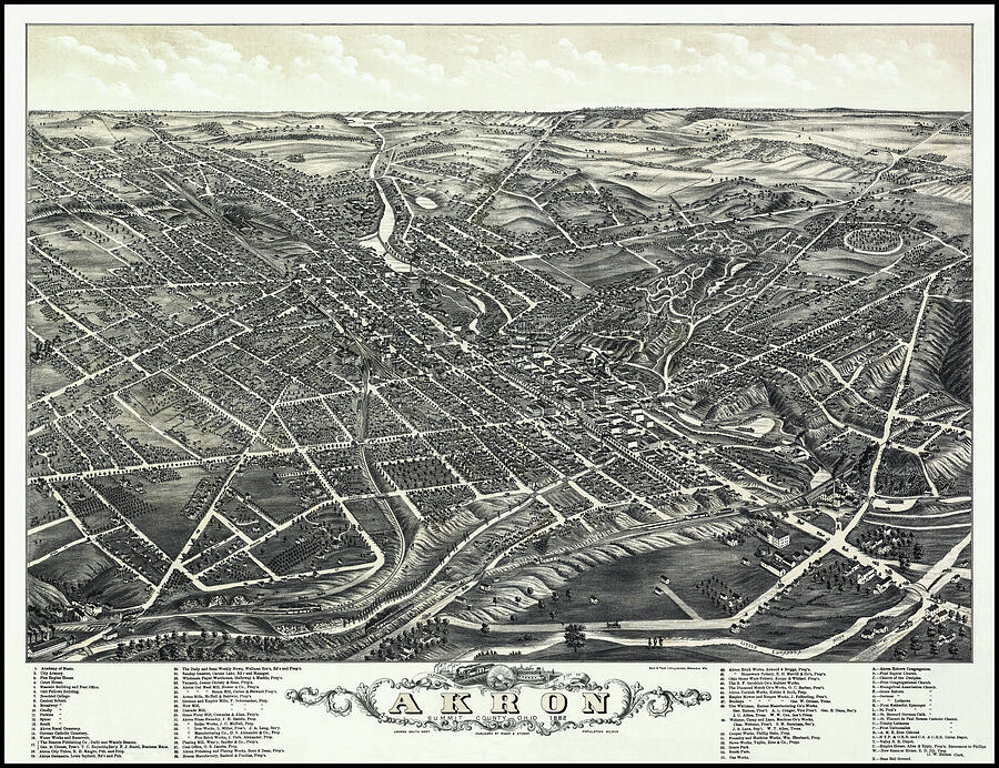 Akron Ohio Antique Vintage Map Birds Eye View 1882 Photograph by Carol ...