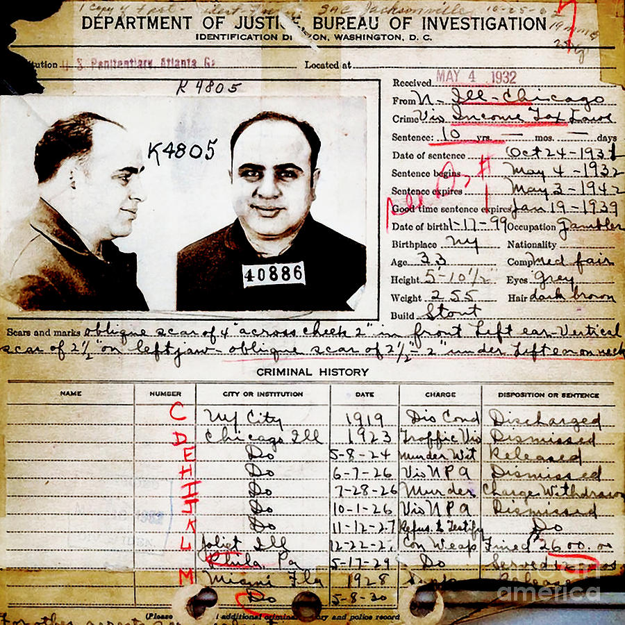 Al Capone Department of Justice Bureau of Investigation Criminal History Record 20200213 Photograph by Wingsdomain Art and Photography