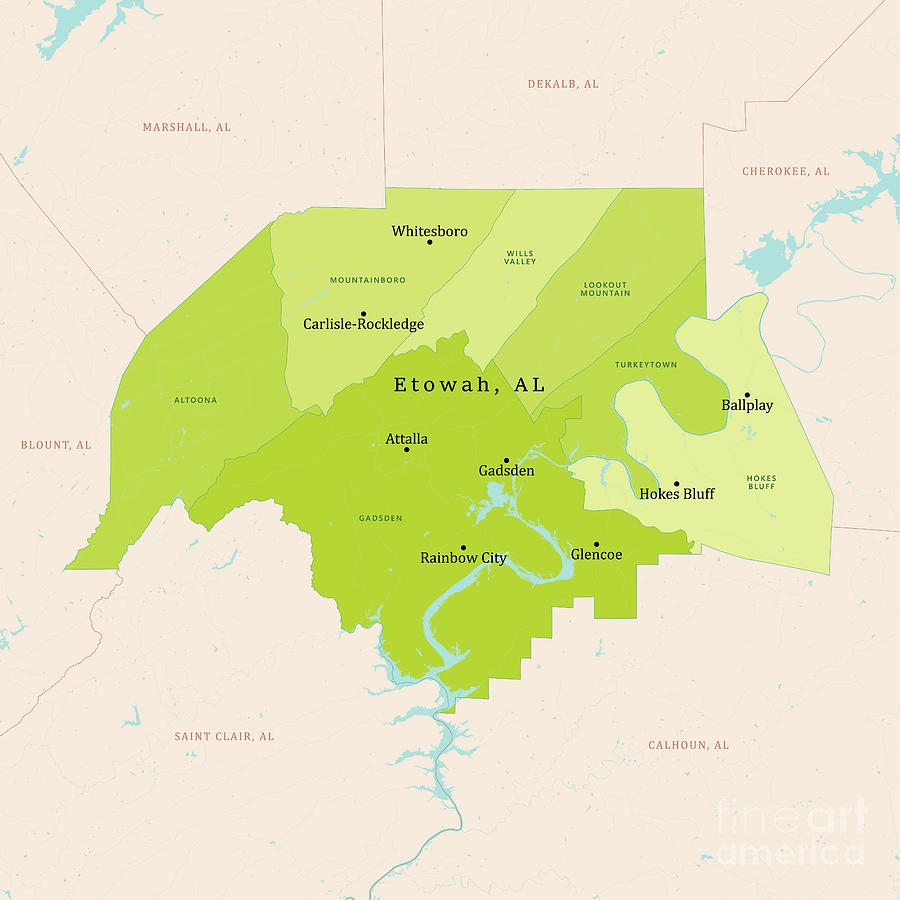 AL Etowah County Vector Map Green Digital Art by Frank Ramspott - Fine ...