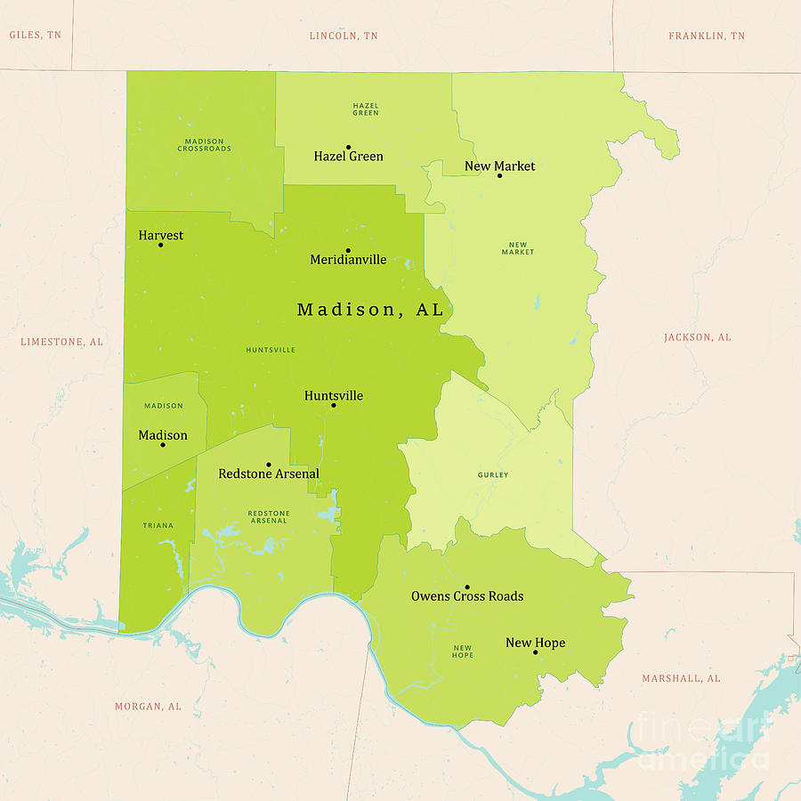 AL Madison County Vector Map Green Digital Art by Frank Ramspott - Fine ...