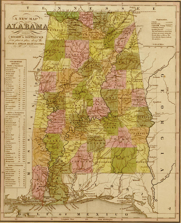 Map Drawing - Alabama 1844 by Vintage Maps