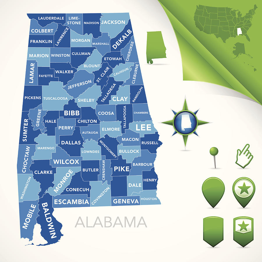 Alabama County Map Drawing by Filo
