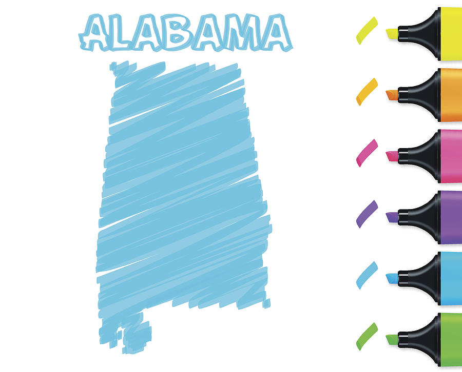 Alabama map hand drawn on white background, blue highlighter Drawing by Bgblue