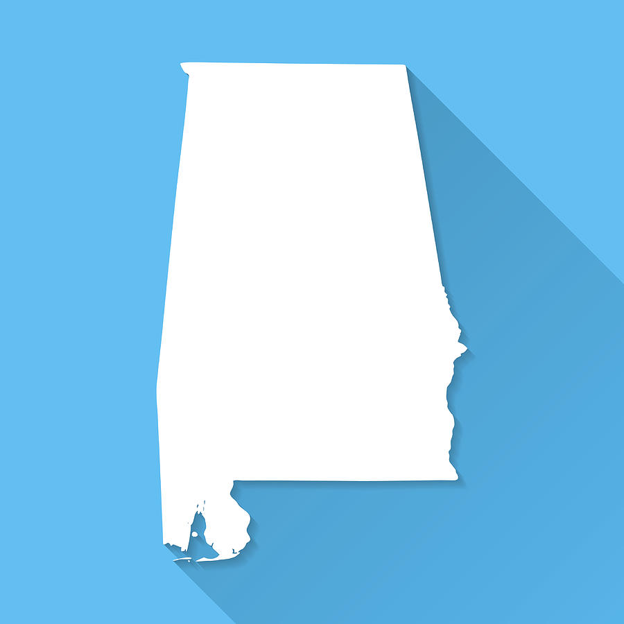 Alabama Map on Blue Background, Long Shadow, Flat Design Drawing by Bgblue