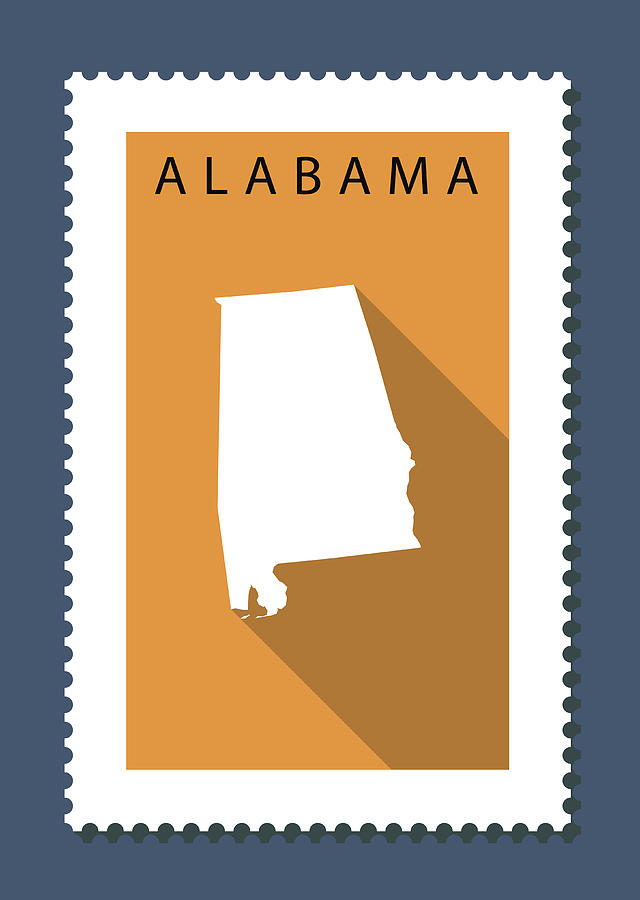 Alabama Map on Orange Background, Long Shadow, Flat Design,stamp Drawing by Zak00