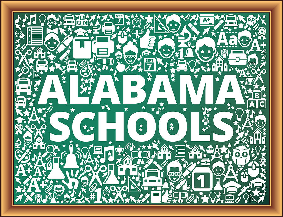 Alabama Schools School and Education Vector Icons on Chalkboard Drawing by Bubaone