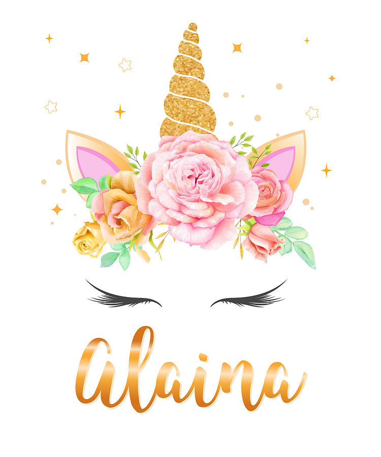 Alaina Name Unicorn Horn with flower wreath and Gold Glitter, Unicorn ...