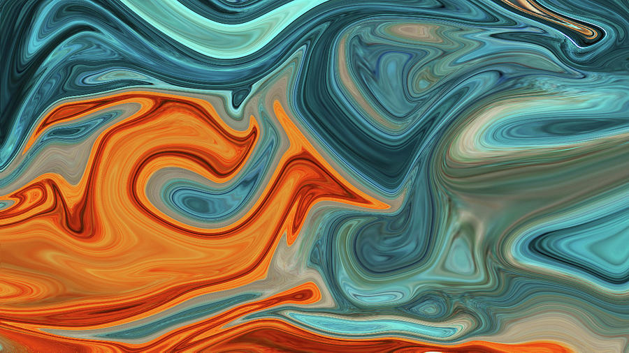 Abstract Digital Art - Alaric - Contemporary Abstract - Fluid Painting - Marbling Art - Blue, Dark Orange by Studio Grafiikka