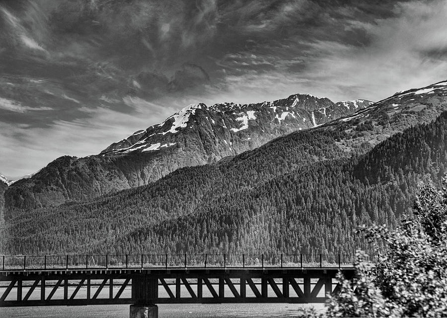 Alaska Hwy 1 Scenic Mountains Bridge Black White  Photograph by Chuck Kuhn