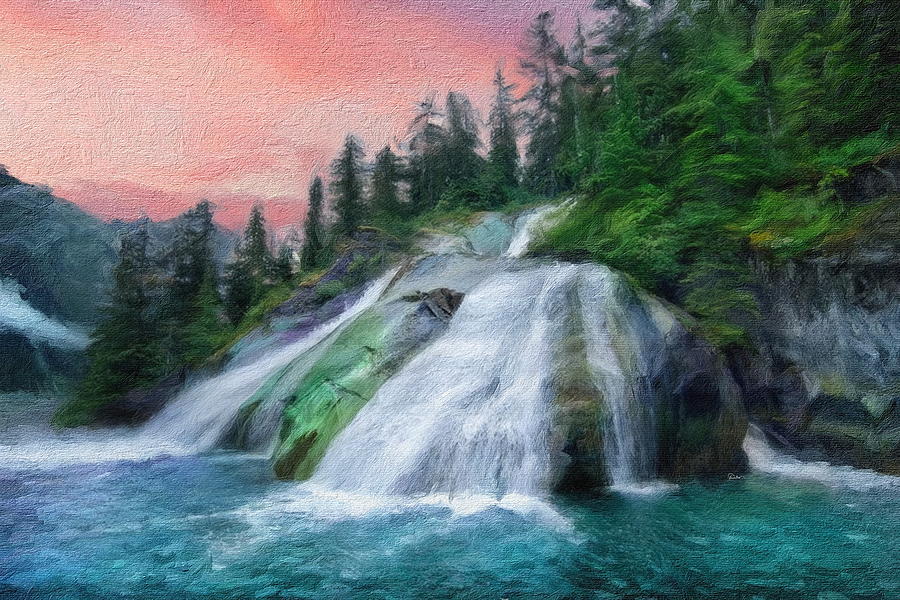 Alaska Inside Passage - Waterfall at Sunset Digital Art by Russ Harris