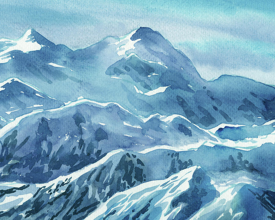 Alaska Mountains Blue Teal Turquoise Mountain Range Watercolor Painting