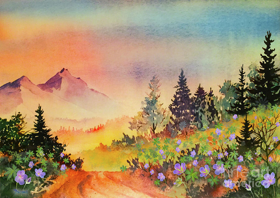 Alaska Range with Wild Geraniums Painting by Teresa Ascone