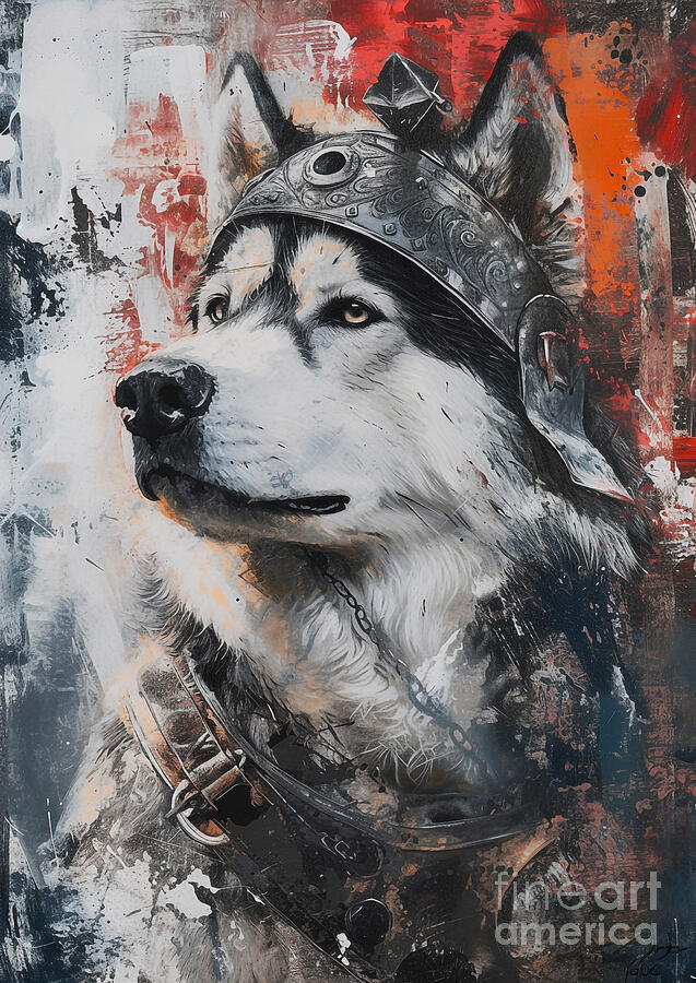 Husky Painting - Alaskan Malamute - equipped as a member of a Roman arctic exploration team by Adrien Efren