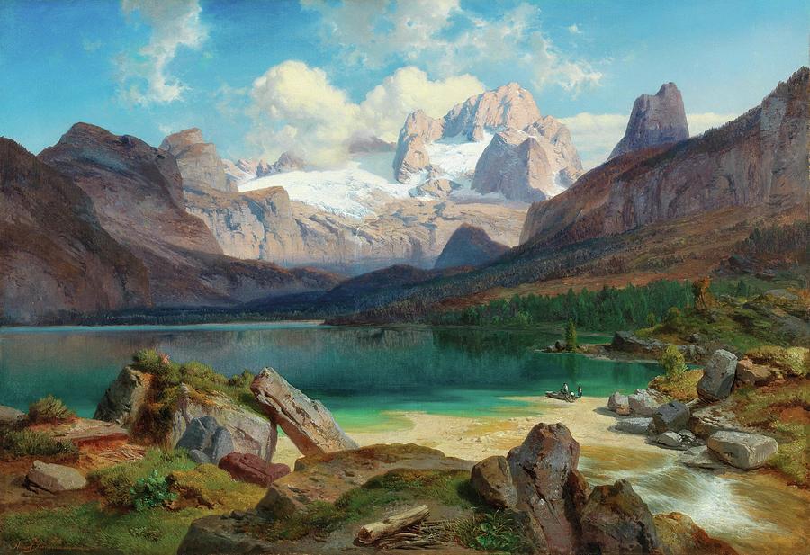 Albert August Zimmermann Lake Gosau with a view of the Dachstein massif Painting by MotionAge Designs