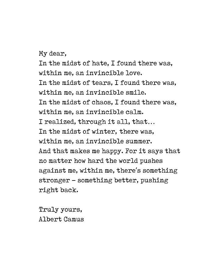Albert Camus Digital Art - Albert Camus Quote - Invincible Summer 1 - Typewriter Print - Minimalist, Inspiring Literary Quote by Studio Grafiikka