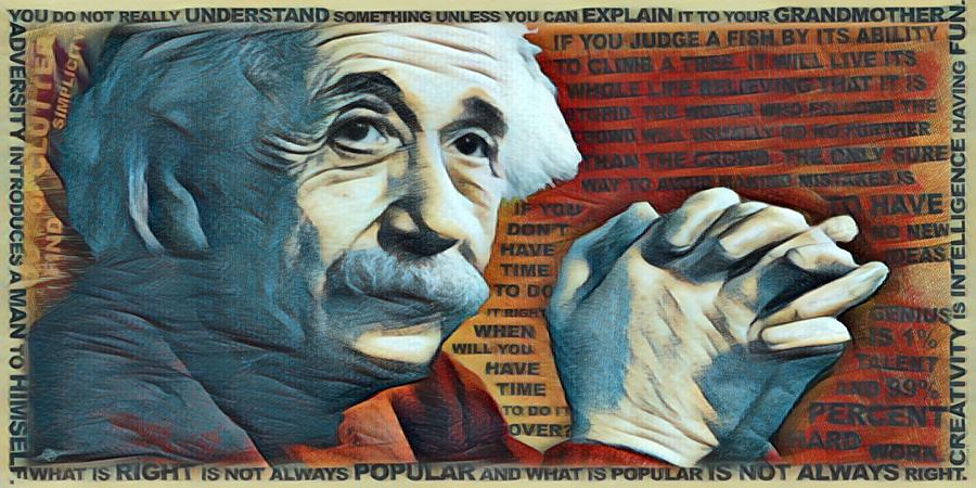 Albert Einstein and Quotes Gold and Red 2 Painting by Tony Rubino