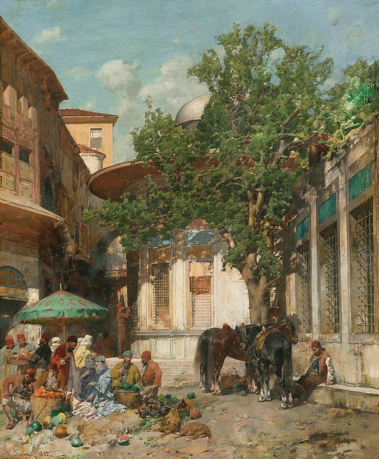 Alberto Pasini 1826 - 1899   BY THE FOUNTAIN, CONSTANTINOPLE Painting by Artistic Rifki