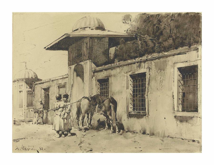 Alberto Pasini Italian, 1826-1899  Circassian cavalrymen outside a gate Painting by Artistic Rifki