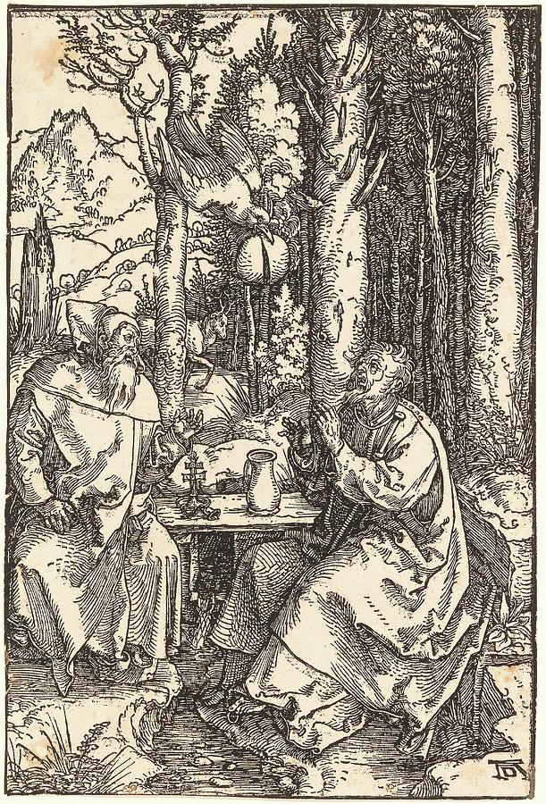 Albrecht Durer Nuremberg 1471 1528 Hermits Anthony and Paul, c. 1504, woodcut on laid paper, monogr Painting by MotionAge Designs