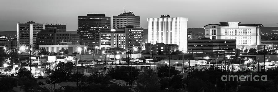 Albuquerque Skyline at Night Black and White Panorama Photo Photograph by Paul Velgos