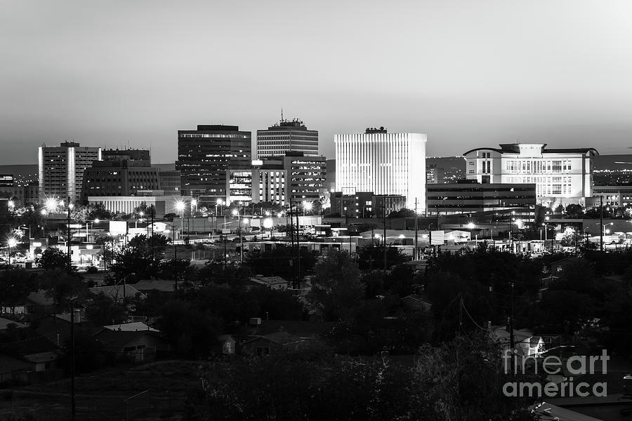 Albuquerque Skyline at Night Black and White Photo Photograph by Paul Velgos