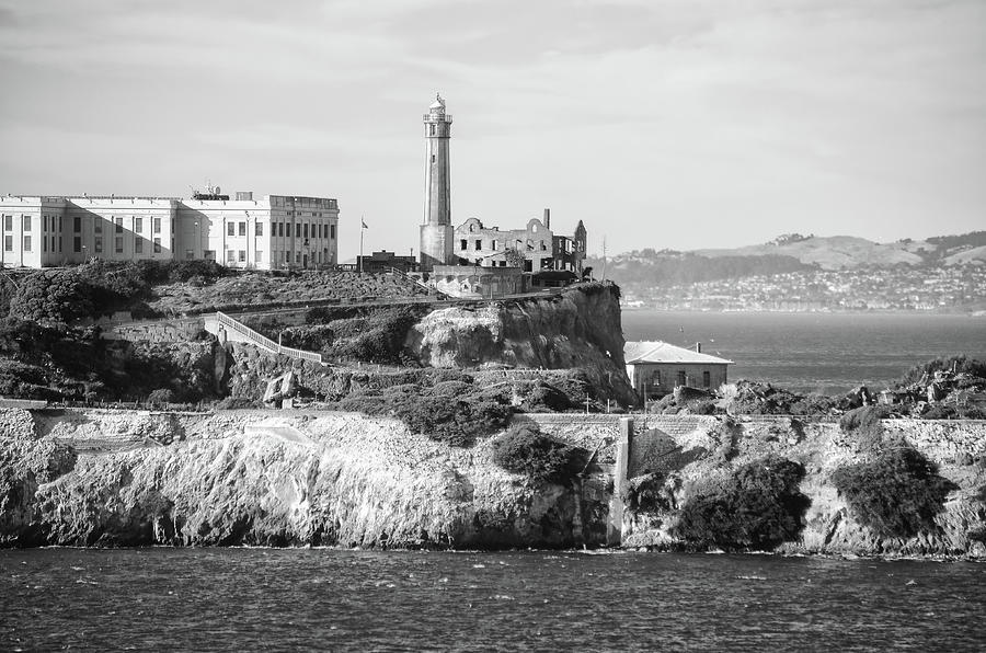 Alcatraz Island Lighhouse Cell House and Wardens House on the Rock San Francisco Bay Black and White Photograph by Shawn OBrien