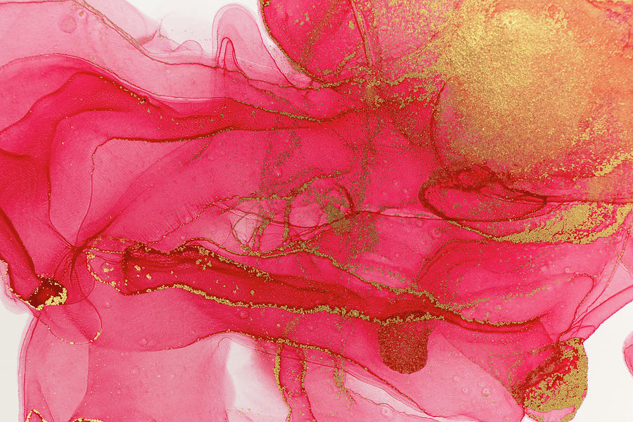 Alcohol ink Red Pink and gold abstract background. Ocean Crystal water Painting by Tony Rubino