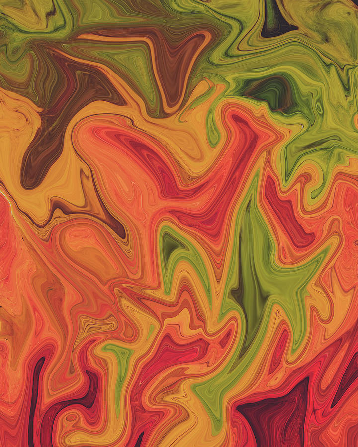 Alder - Contemporary Abstract - Fluid Painting - Marbling Art - Sheen Green, Orange Digital Art