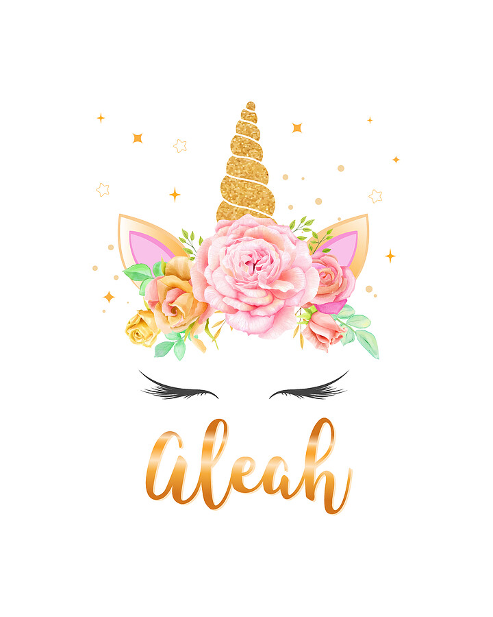 Aleah Name Unicorn Horn with flower wreath and Gold Glitter, Unicorn face Digital Art by Elsayed