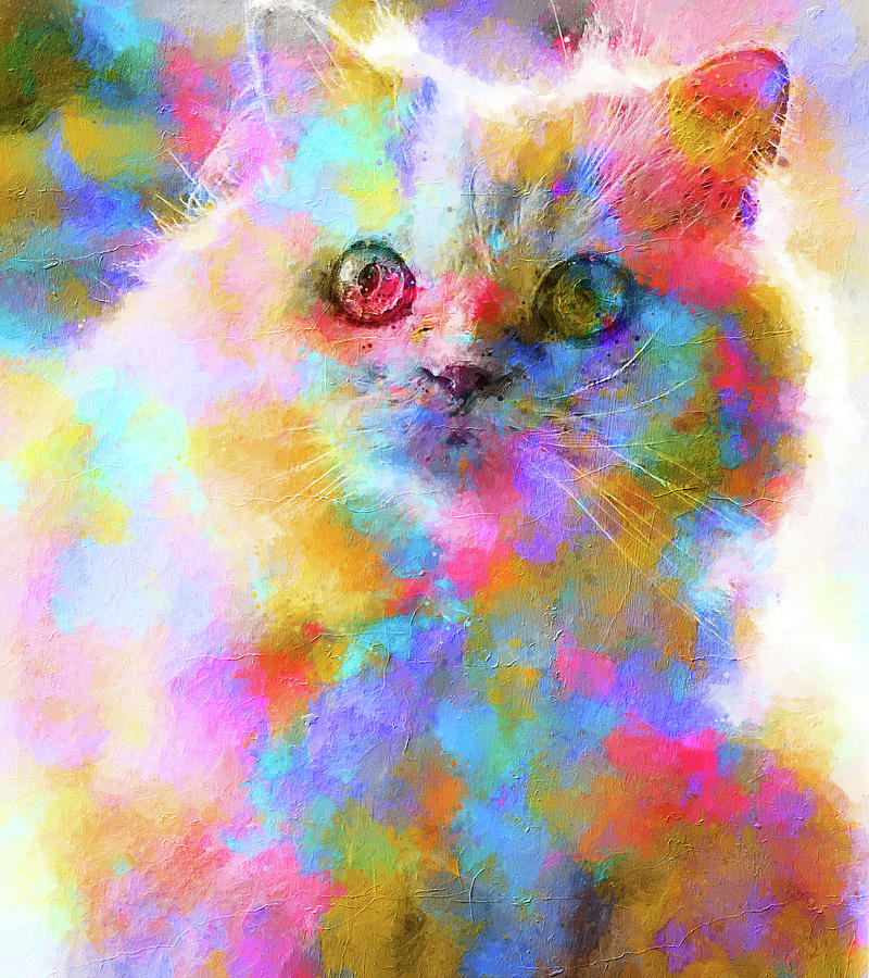 Alert colorful Persian cat painting in blue, pink and orange Digital Art by Nicko Prints