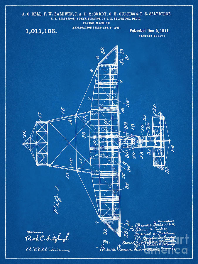 Alexander Graham Bell Flying Machine Patent Print Plane Patent Blueprint Mixed Media by Kithara Studio
