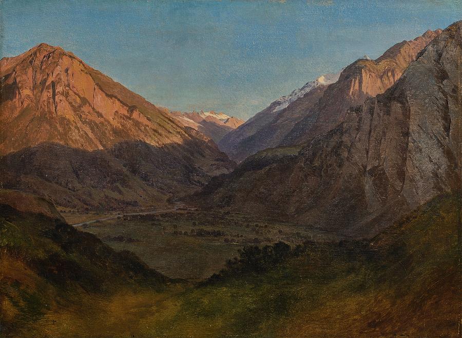 Alexandre Calame Vevey 1810 1864 Menton Gorge of mountains lit by the setting sun. Circa 1840 Painting by MotionAge Designs
