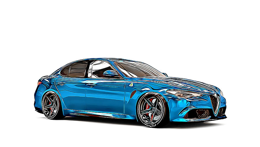 Alfa Romeo Giulia Quadrifoglio Custom Cartoon Painting by Helena Damien