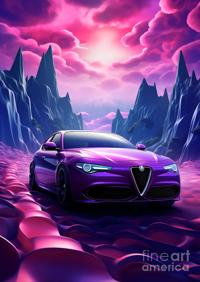 Car Drawing - Alfa Romeo Giulia Quadrifoglio - Unleashing Power in Purple Perfection by Clark Leffler