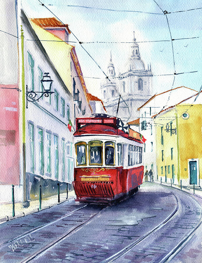 Alfama Lisbon Hills Tramcar Painting Painting by Dora Hathazi Mendes