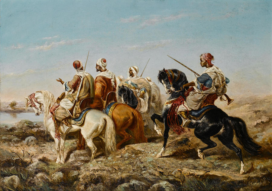 Alfred Durieux French, 19th Century Arab Horsemen Approaching A River Painting