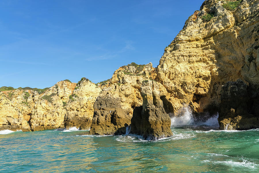 Algarve Gold Coast Sail - Breaking Waves Jewel Toned Ocean and Tall Cliffs in Lagos Portugal Photograph by Georgia Mizuleva