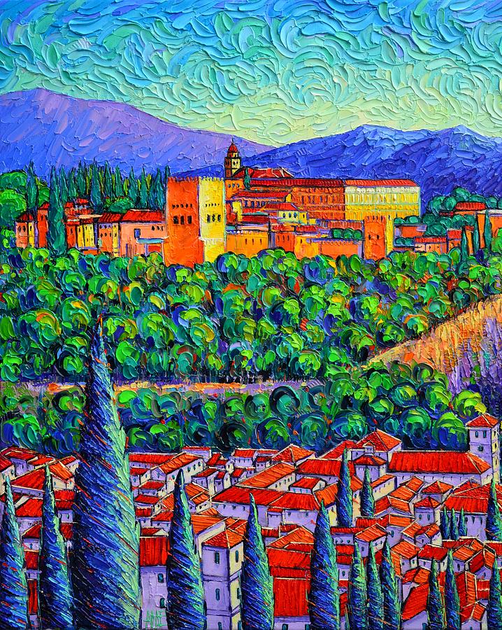 ALHAMBRA AND GRANADA ROOFTOPS from San Nicolas impasto palette knife oil painting Ana Maria Edulescu Painting by Ana Maria Edulescu