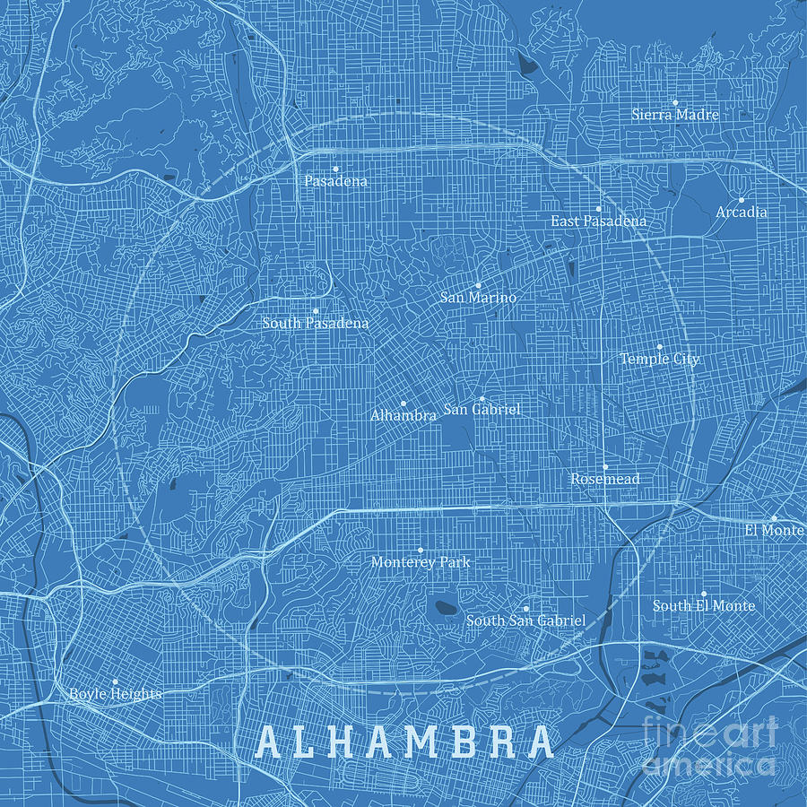 Alhambra Digital Art - Alhambra CA City Vector Road Map Blue Text by Frank Ramspott