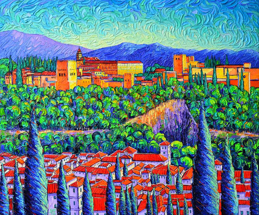 ALHAMBRA GRANADA from mirador San Nicolas commissioned palette knife oil painting Ana Maria Edulescu Painting by Ana Maria Edulescu