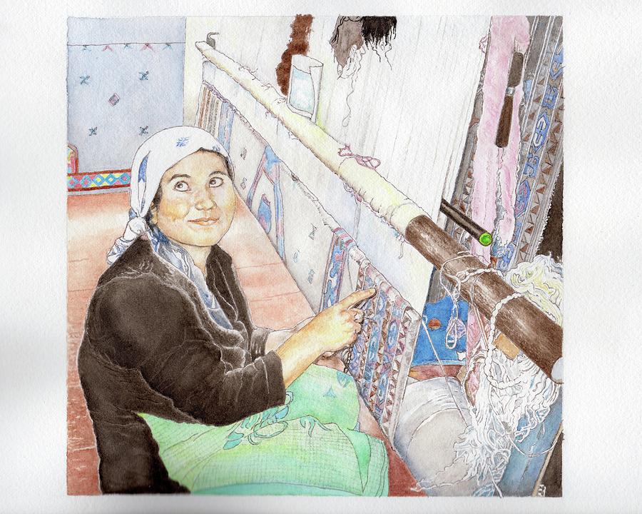 Ali-Asghars wife, Sakinih Sultan, working at the loom of the familys silk-weaving business Painting by Sue Podger