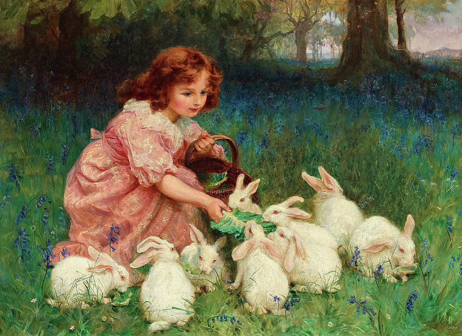 Frederick Morgan Painting - Alice in Wonderland, Feeding the Rabbits by Frederick Morgan