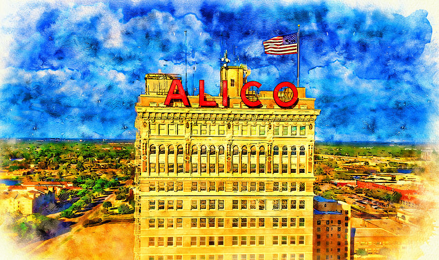 ALICO Building in downtown Waco, Texas - pen and watercolor Digital Art by Nicko Prints