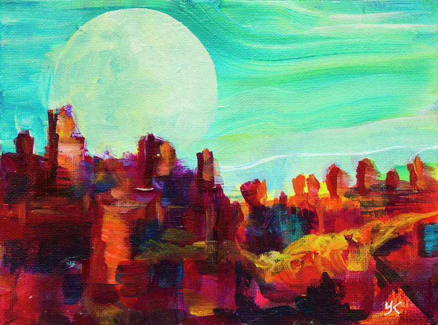 Rocky Alien Planet with Huge Moon Painting by Yulia Kazansky