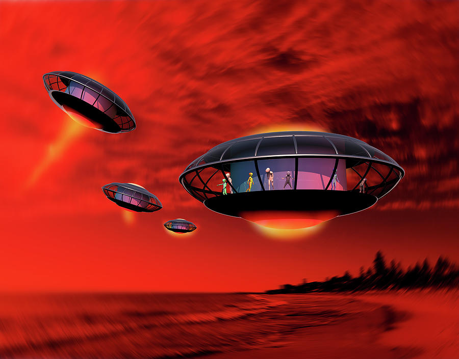 Alien Tourists Red Sky and Sea Digital Art by Russell Kightley
