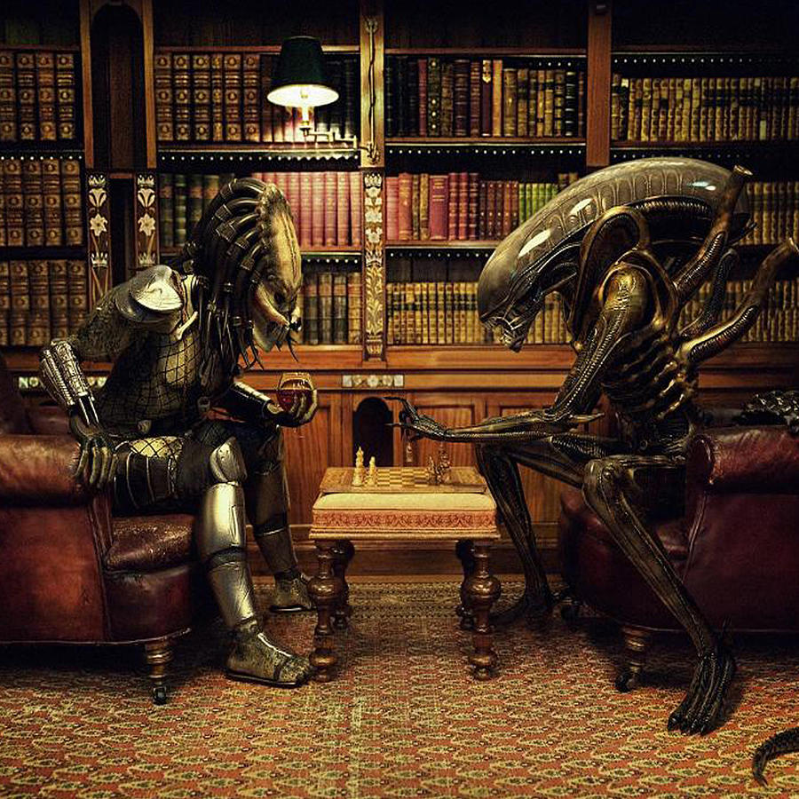 Alien versus Predator playing chess Digital Art by Mark Passmore - Pixels