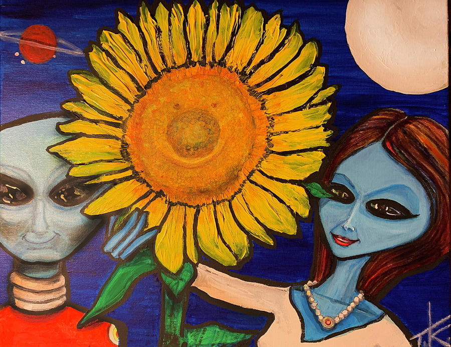 Aliens and Sunflowers Painting by Similar Alien